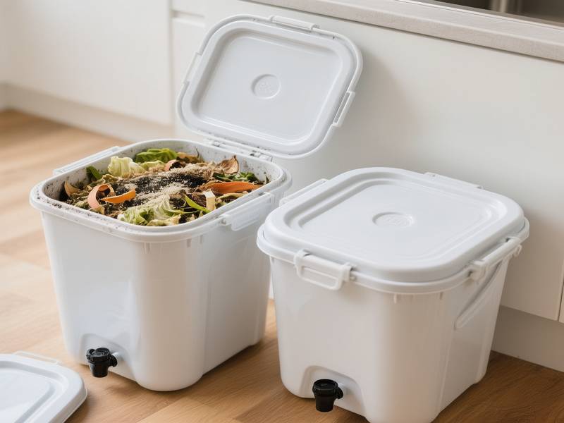 Deux seaux Bokashi, l'un ouvert avec des déchets fermentés, l'autre fermé, illustrant les aspects pratiques.