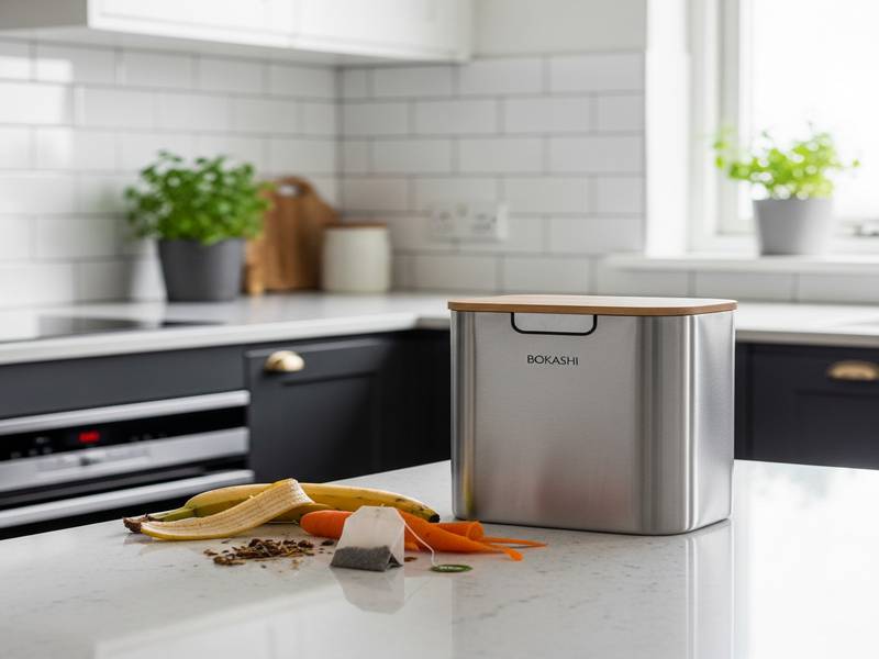 Un seau Bokashi élégant dans une cuisine d'appartement moderne, avec des épluchures à côté.