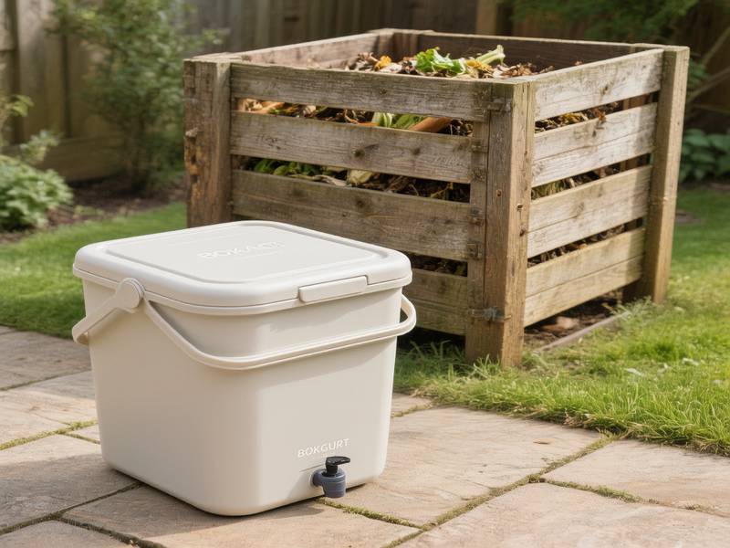 Comparaison visuelle entre un seau Bokashi compact et un composteur de jardin en bois en arrière-plan.