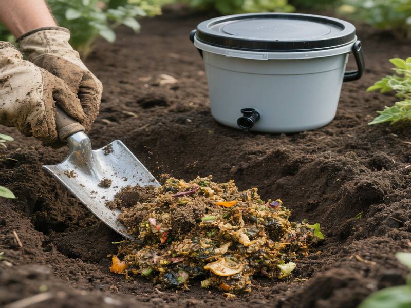 Du compost fermenté (pré-compost Bokashi) en train d'être enfoui dans la terre d'un jardin, avec un seau Bokashi en arrière-plan.