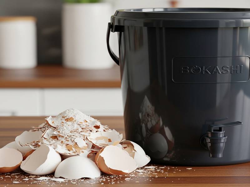 Coquilles d'œufs concassées près d'un seau Bokashi, prêtes à être compostées.