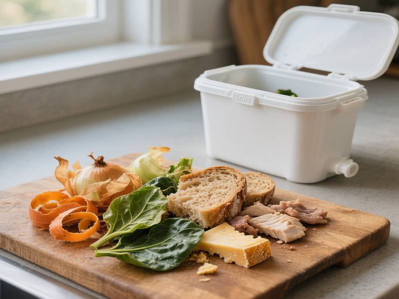 Assortiment de déchets alimentaires variés incluant légumes, pain, viande et fromage prêts à être mis au Bokashi.