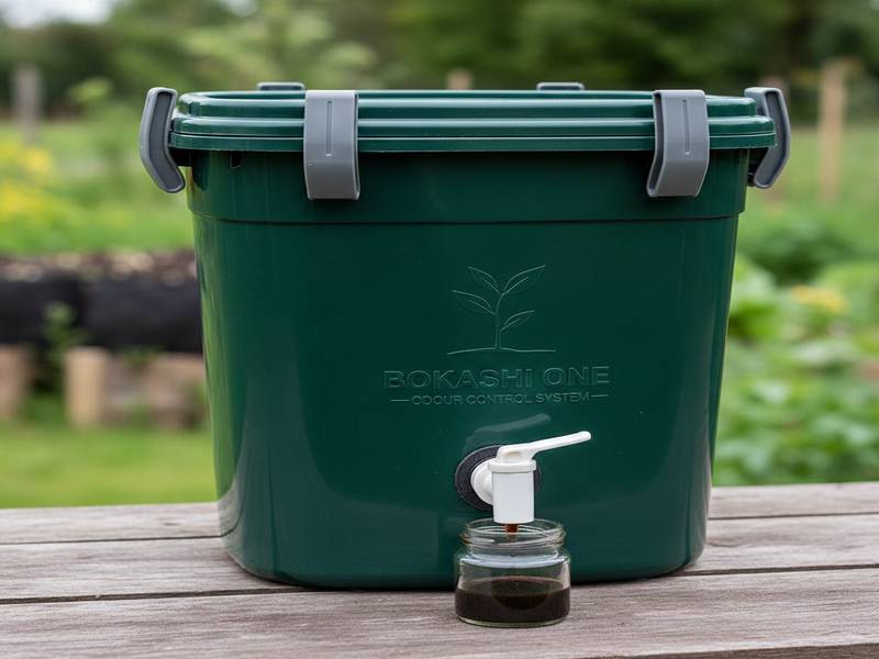 Gros plan sur un seau Bokashi fermé avec le robinet pour le jus, illustrant l'étanchéité qui contrôle les odeurs.