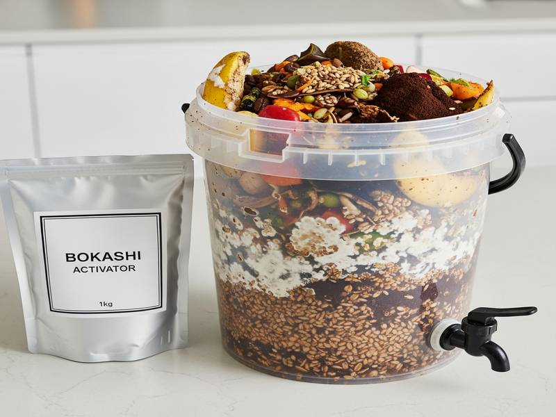 Un seau Bokashi rempli de déchets alimentaires fermentés, avec un sac d'activateur Bokashi et un robinet pour le jus.