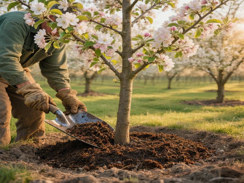 Un jardinier épandant du compost au pied d'un jeune arbre fruitier en fleurs dans un verger.