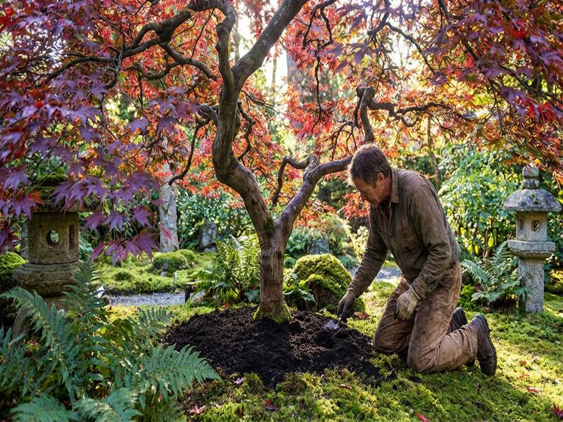 Un jardinier applique du compost au pied d'un érable du Japon aux feuilles rouges.