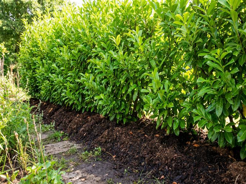 Une haie de lauriers dense et bien verte grâce à un paillage de compost au pied.