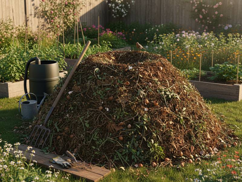 un tas de compost dans le jardin.