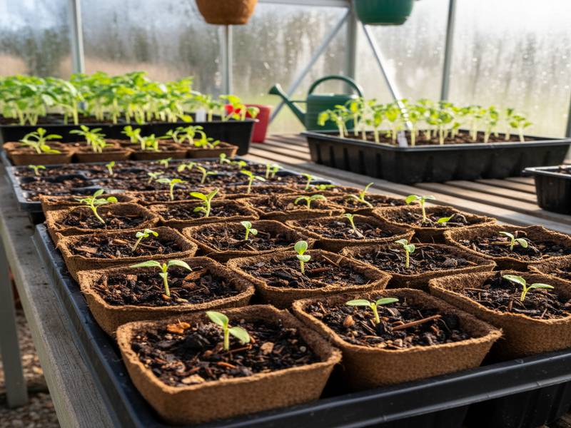 Jeunes semis en godets individuels, avec un terreau enrichi en compost, dans une serre.