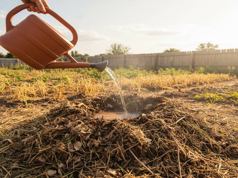 Un arrosoir versant de l'eau sur un compost sec en plein été.