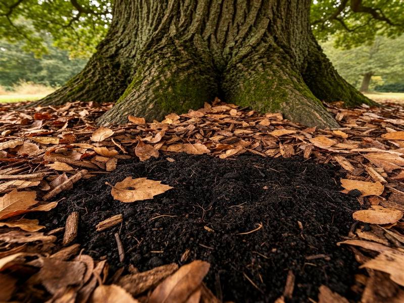 Un paillis de feuilles mortes et de compost décomposé au pied d'un grand chêne.