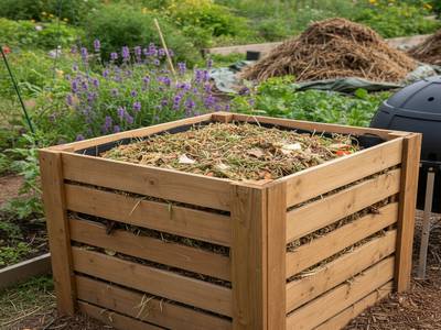 Composteur en bac en bois, rectangulaire, rempli de déchets organiques dans un jardin.