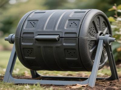 Gros plan sur un composteur rotatif en plastique, en train d'être tourné par une personne.