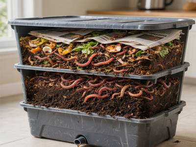 Un lombricomposteur d'intérieur avec plusieurs niveaux, montrant les vers de compost et les matières organiques en décomposition.