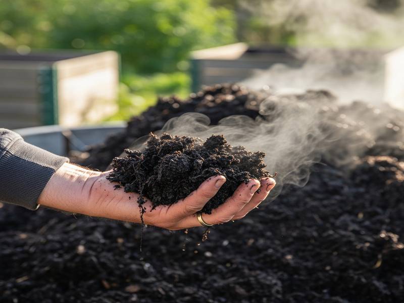Main d'un jardinier tenant du compost mûr, sombre et friable, près d'un tas de compost.