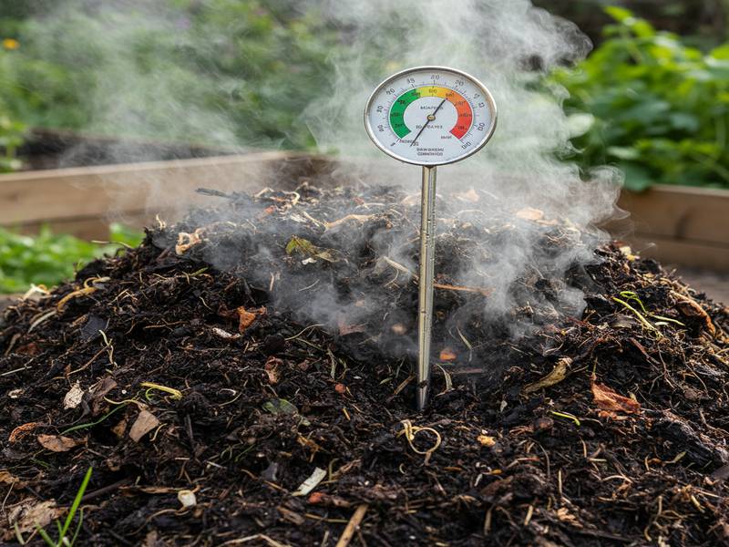 Un thermomètre spécial compost planté dans un grand tas de compost d'où s'échappe de la vapeur.