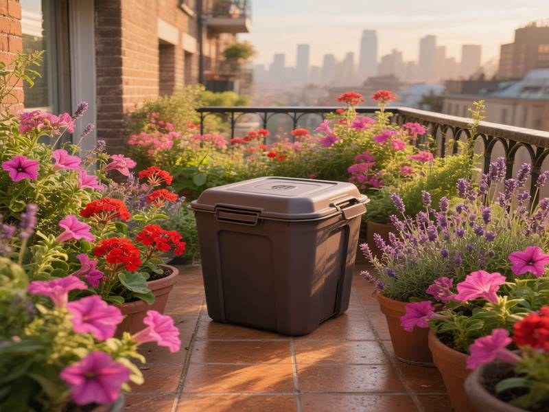 Un petit composteur sur un balcon fleuri en milieu urbain