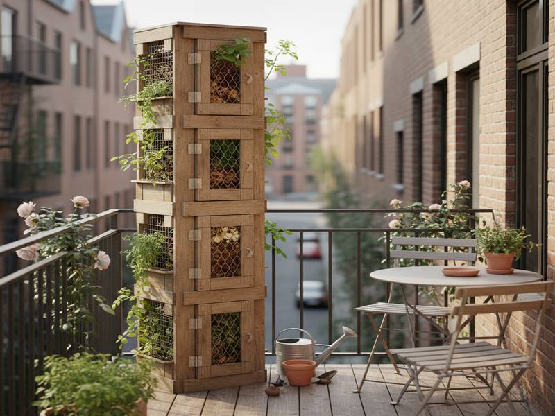 Un composteur vertical fin installé sur un petit balcon de ville