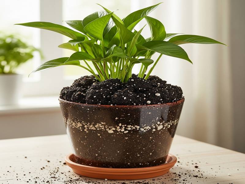 Une plante d'intérieur en pot avec du compost fraîchement ajouté en surface