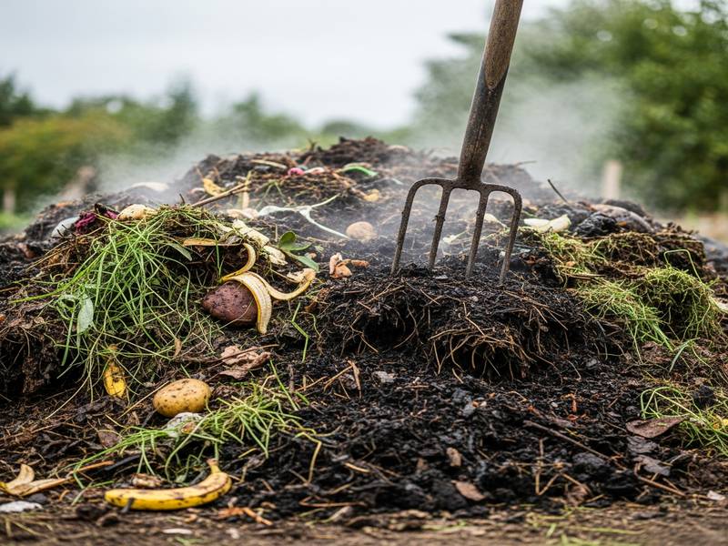 Compost dégageant une mauvaise odeur, avec une fourche pour l'aérer