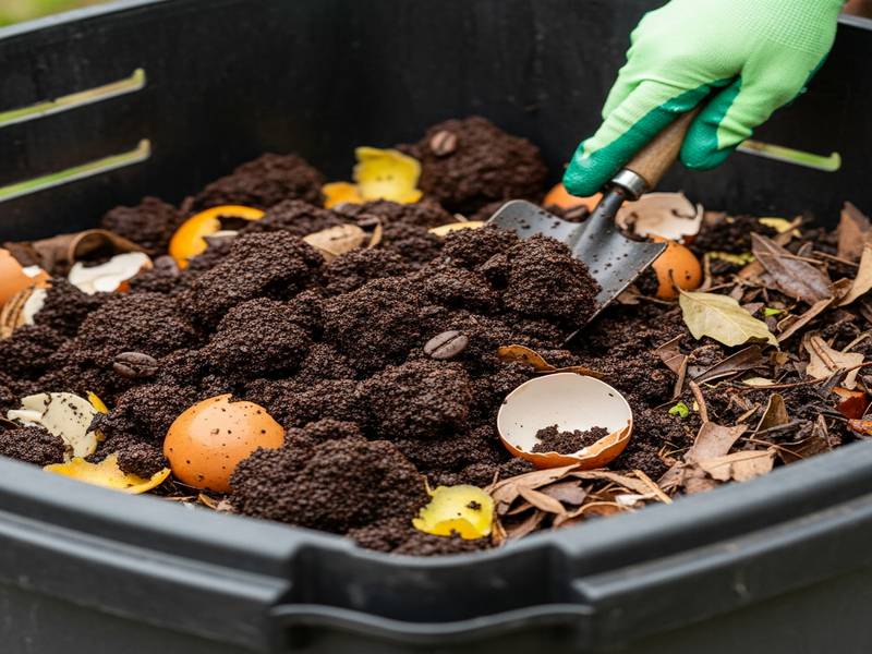 Marc de café humide mélangé dans un composteur avec d'autres déchets organiques