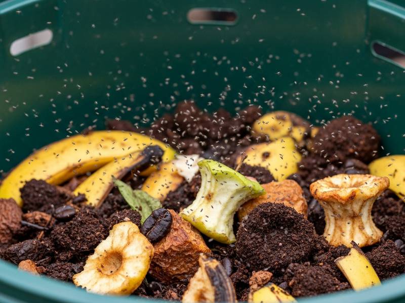 Nuée de petits moucherons volant au-dessus de restes de fruits dans un composteur