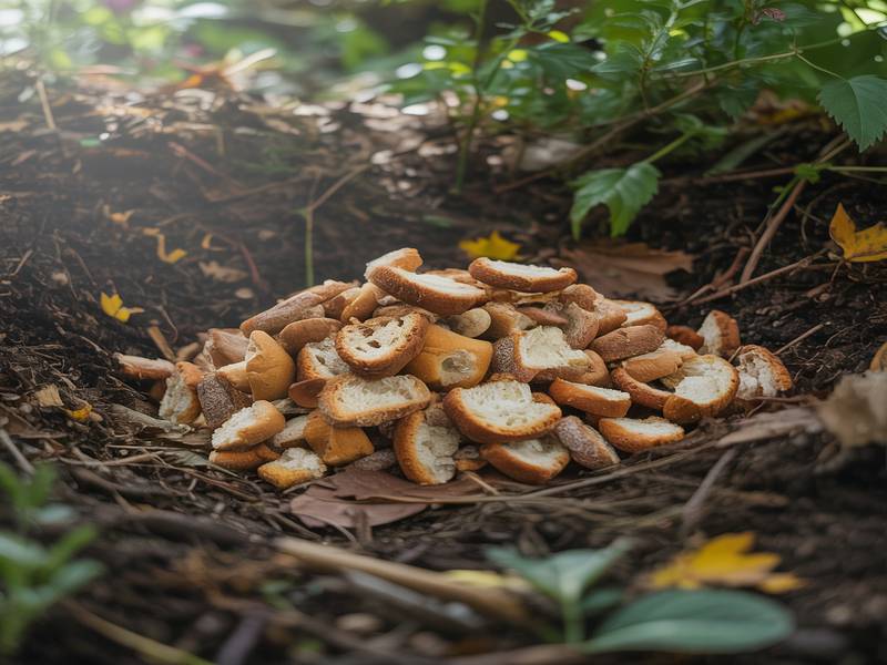 Morceaux de pain sec dans un tas de compost