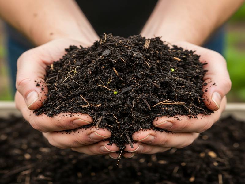 Mains tenant du compost mûr et riche, illustration de l'or noir du jardinier