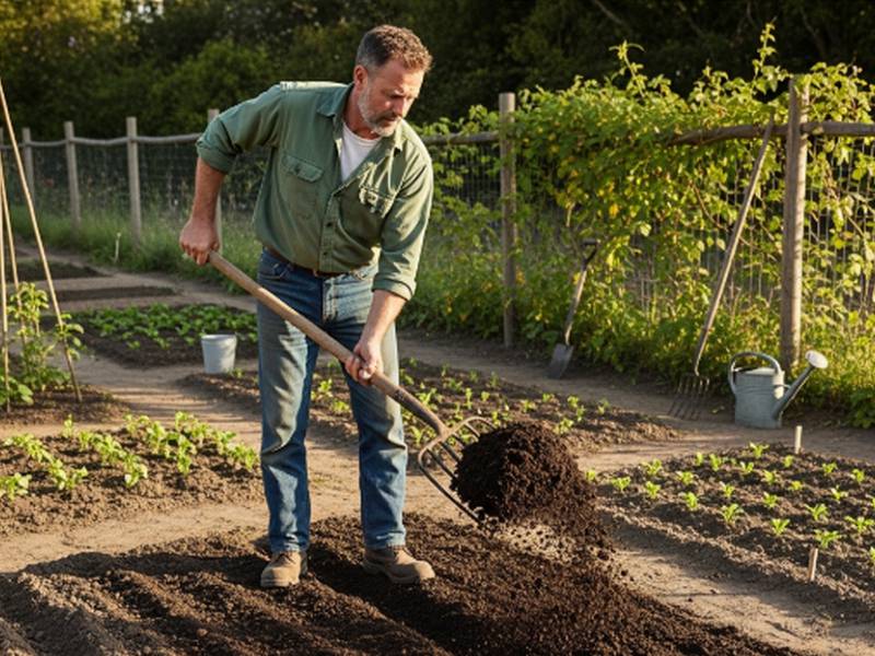 Jardinier épandant du compost mûr sur une parcelle de potager préparée pour les semis
