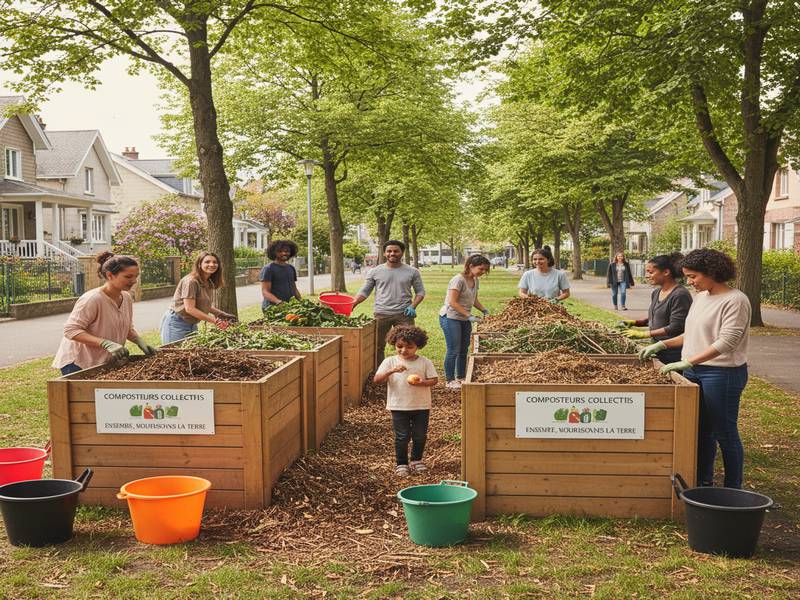 Groupe de personnes participant à un composteur collectif dans un quartier résidentiel