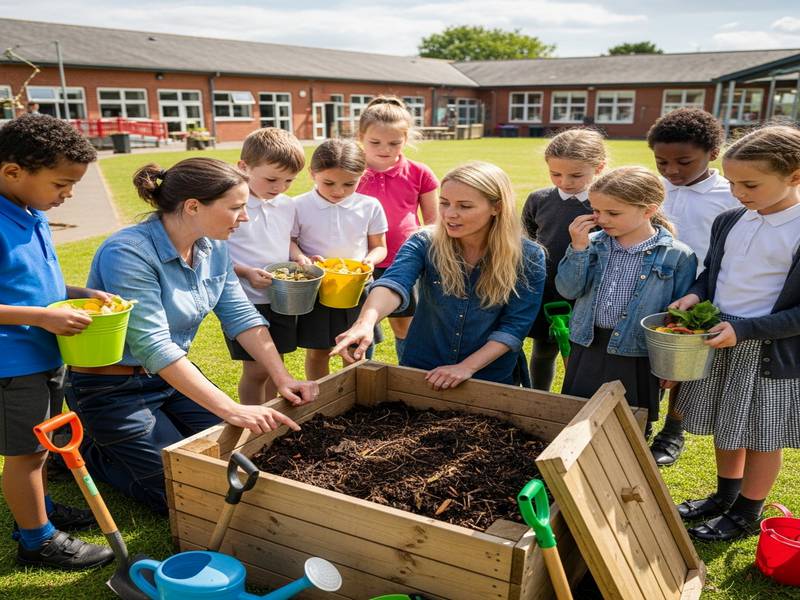 Enfants apprenant le compostage avec un enseignant, autour d'un composteur à l'école