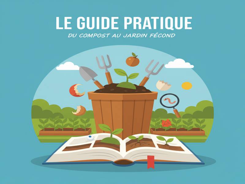 Un ensemble d'outils de jardinage et un tas de compost symbolisant les guides pratiques.