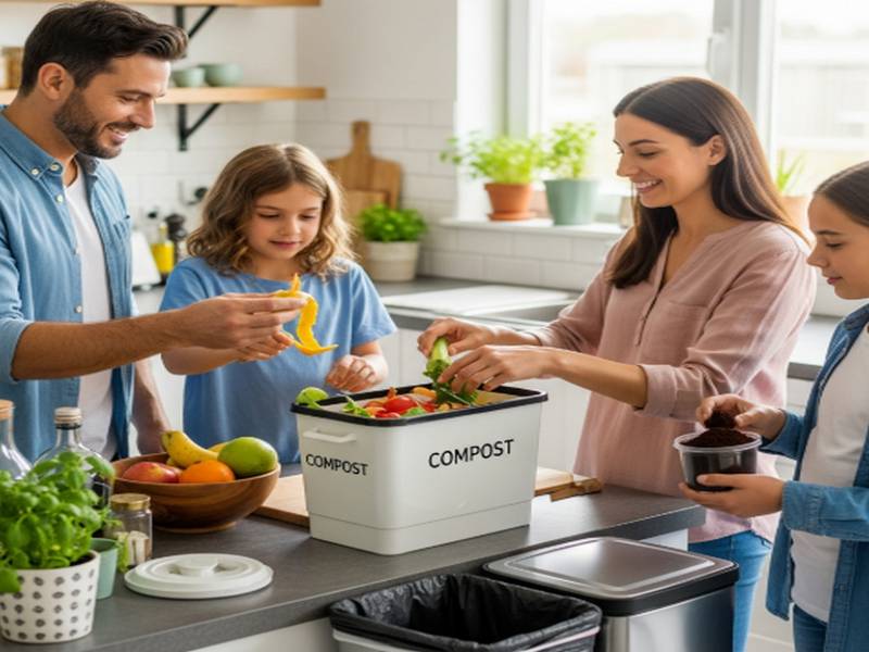 Famille triant ses biodéchets pour le compost, illustrant la réduction des ordures ménagères