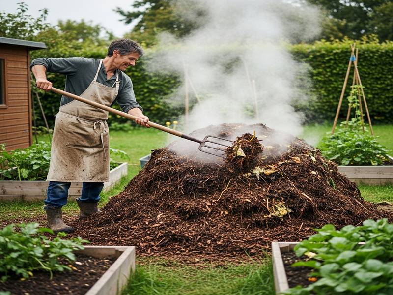 Jardinier retournant un tas de compost fumant avec une fourche