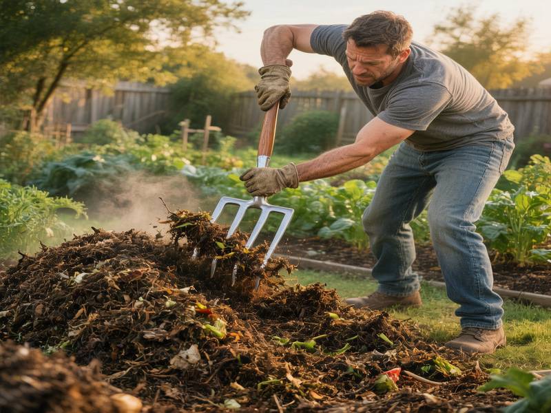 Personne retournant activement son tas de compost avec une fourche de jardinage pour l'aérer