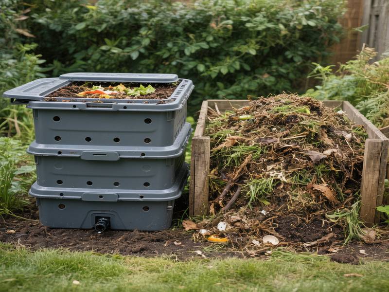 Un lombricomposteur et un tas de compost traditionnel côte à côte