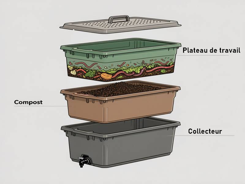 Schéma d'un lombricomposteur maison en cours de construction avec des bacs empilables