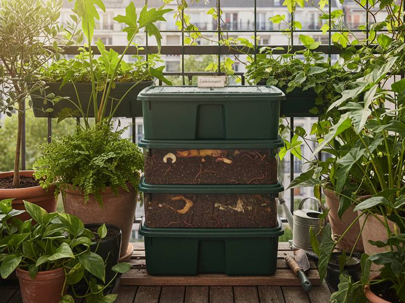 Lombricomposteur installé sur un balcon, à l'ombre près de plantes