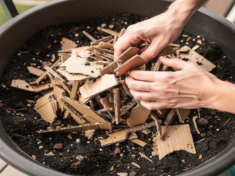 Mains mélangeant du carton brun déchiqueté avec du terreau