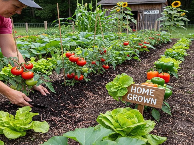 Un jardin potager avec des légumes sains et du lombricompost appliqué au pied des plantes