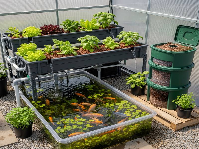 Un système aquaponique avec des bacs de culture et un bassin à poissons, un lombricomposteur à proximité