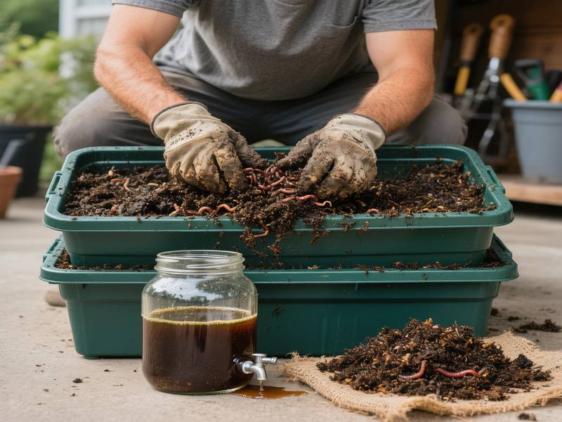 Une personne récoltant le lombricompost mûr d'un bac, avec du thé de vers dans un récipient