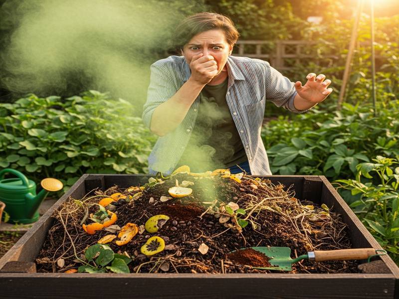 Personne réagissant à la mauvaise odeur d'un compost
