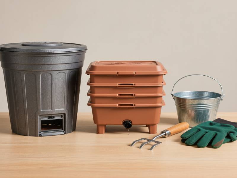 Sélection de divers produits de compostage : composteurs, lombricomposteurs, accessoires.